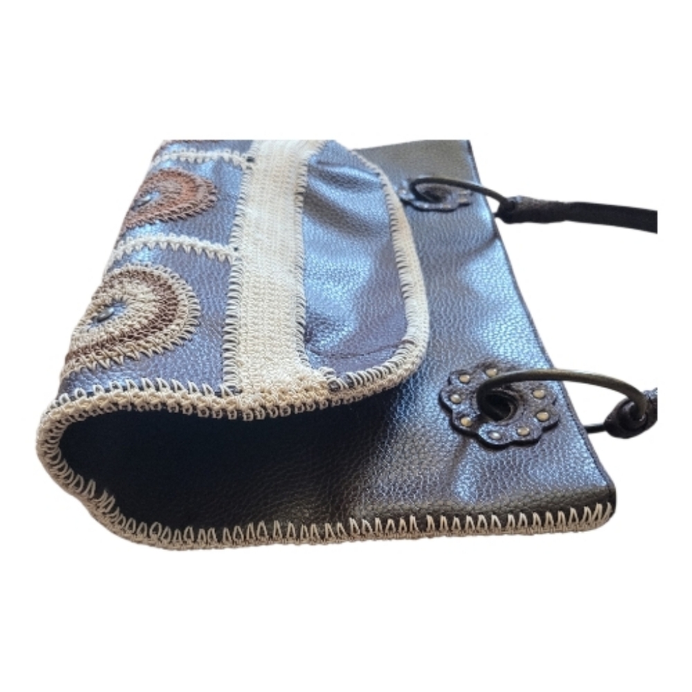 Large Boho Crochet Patchwork Shoulder Bag Leather… - image 8